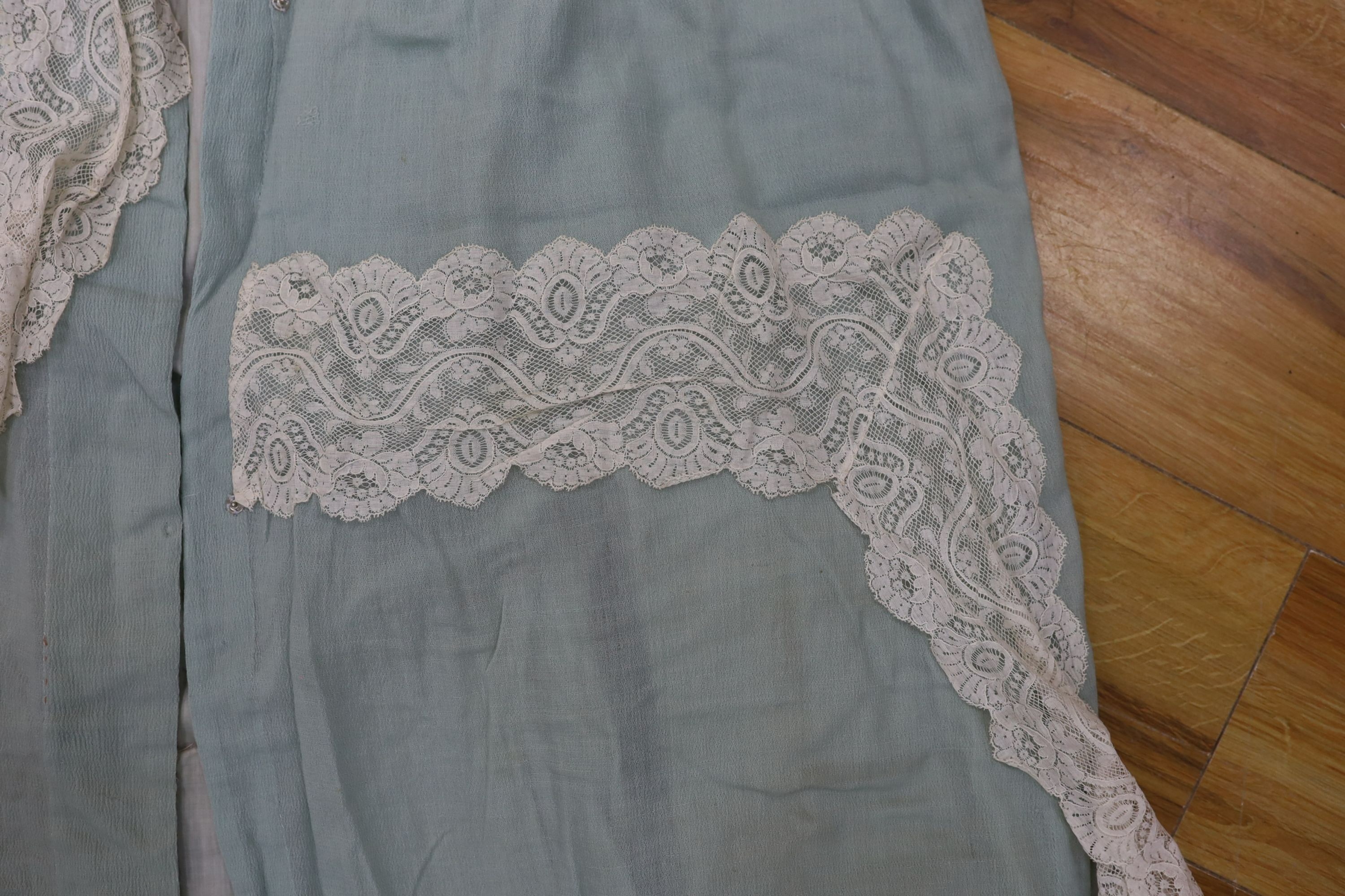 An Edwardian turquoise crepe and cream lace summer coat with original Swan & Edgar Ltd label